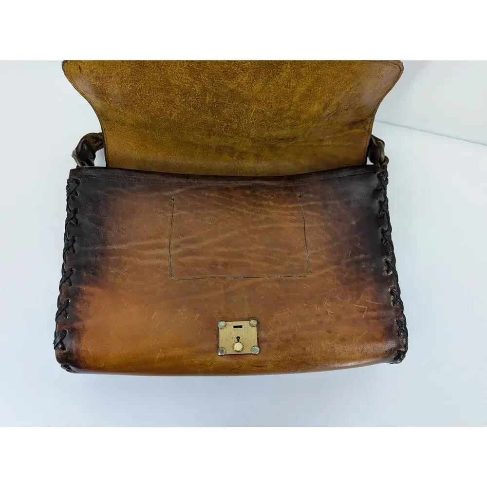 Vintage Tooled Leather Satchel, Whipstitch Boho Western Bag, Large, Brown Key